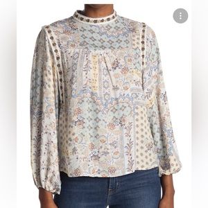 Chenault Floral High Collar Flange Shirt in Brown, Light Blue and Cream